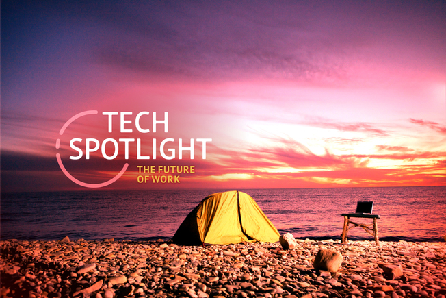 Desktop spot future of work cw 3x2 2400x1600 article digital nomad beach tent laptop camp sunset by thinkstock 100876234 large